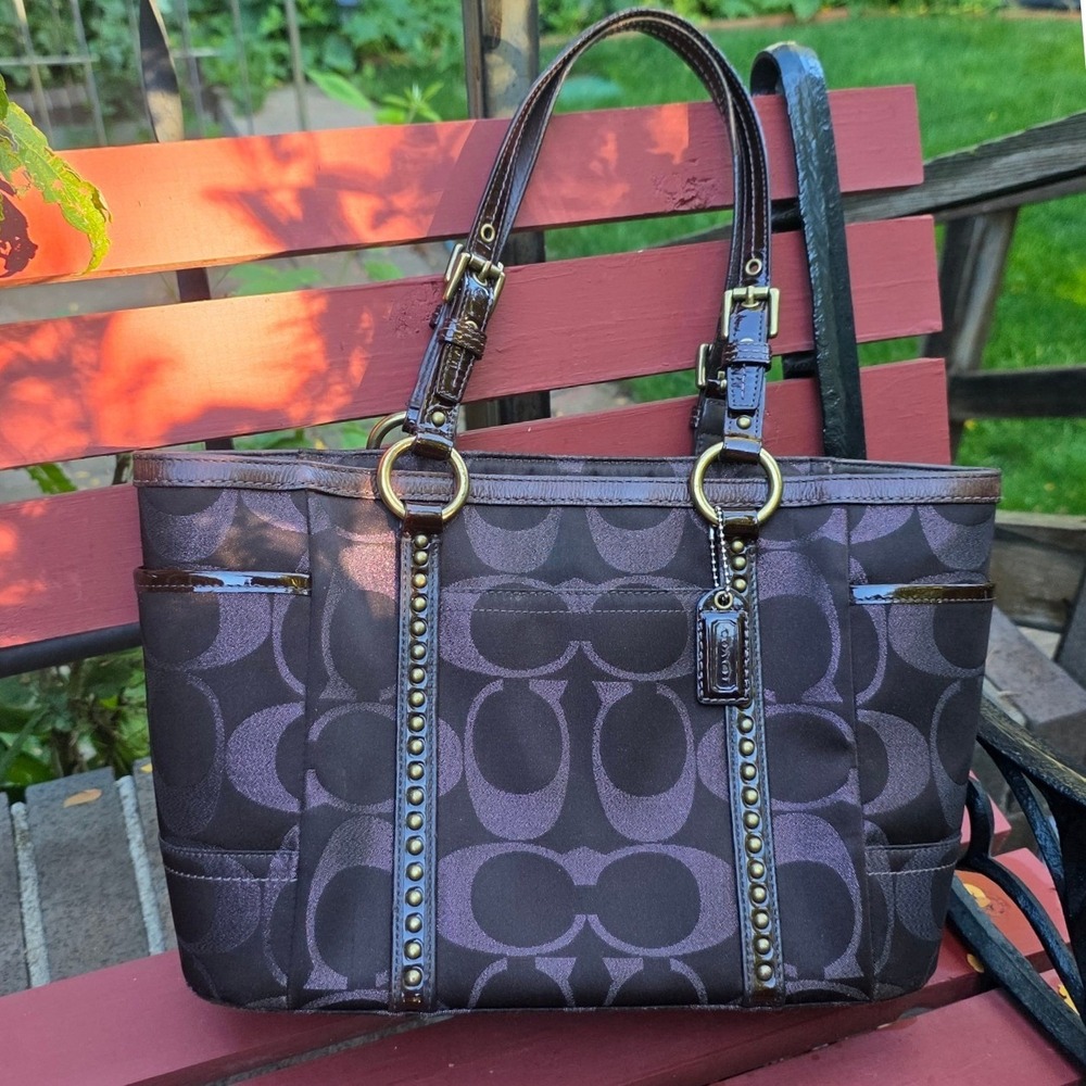 Coach Studded Gallery Tote Bag Brown Purple Metallic Jacquard Y2K 11505